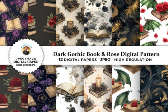 Dark Gothic Book Rose Digital Patterns