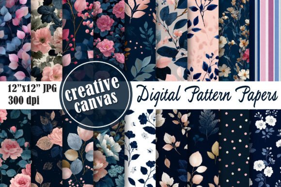 Navy Blue Botanical Seamless Patterns