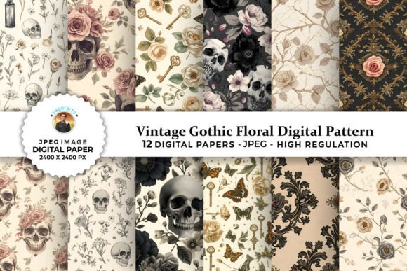 Vintage Gothic Floral Digital Patterns for Creative Projects